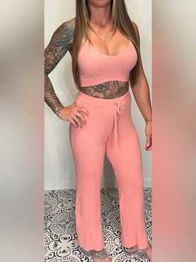 Lovers + Friends Ribbed Wide-Leg Lounge Pants in Peach